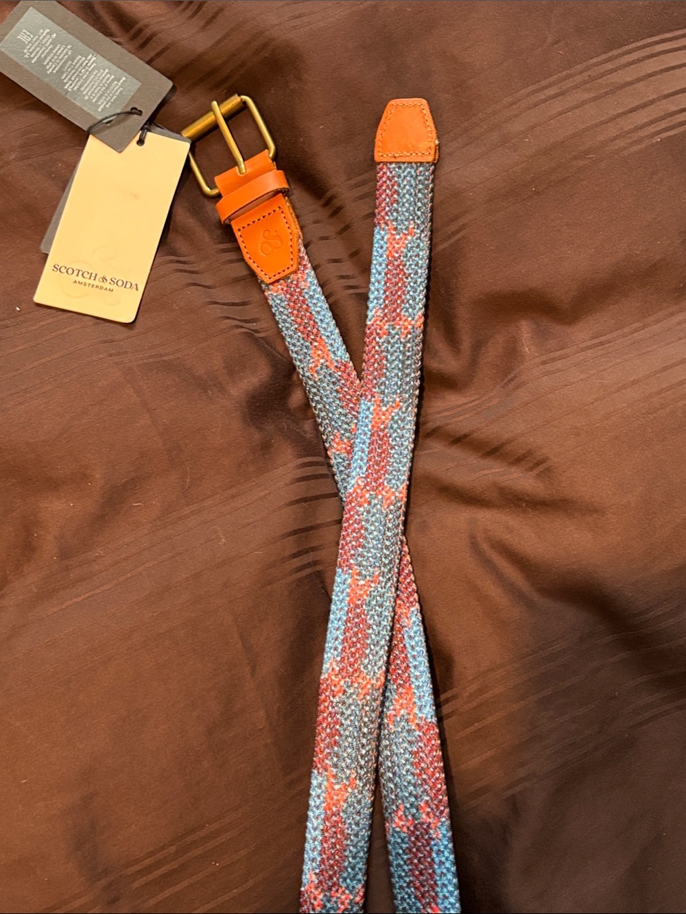 Scotch & Soda Blue and Red Woven Belt with Tan Leather Trim - Picture 2 of 3